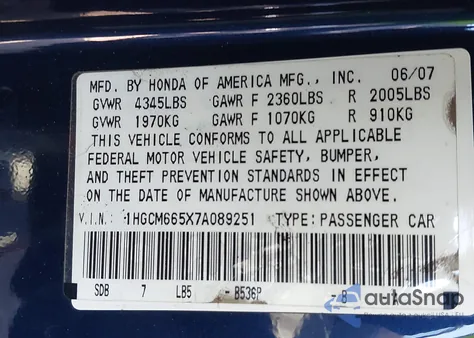 2007 Honda Accord 3.0 Ex z USA, uszkodzony, nr VIN 1HGCM665X7A089251